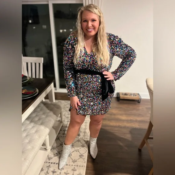 Fun long sleeve fashion nova puffed shoulder sequin mini dress - Picture 1 of 6